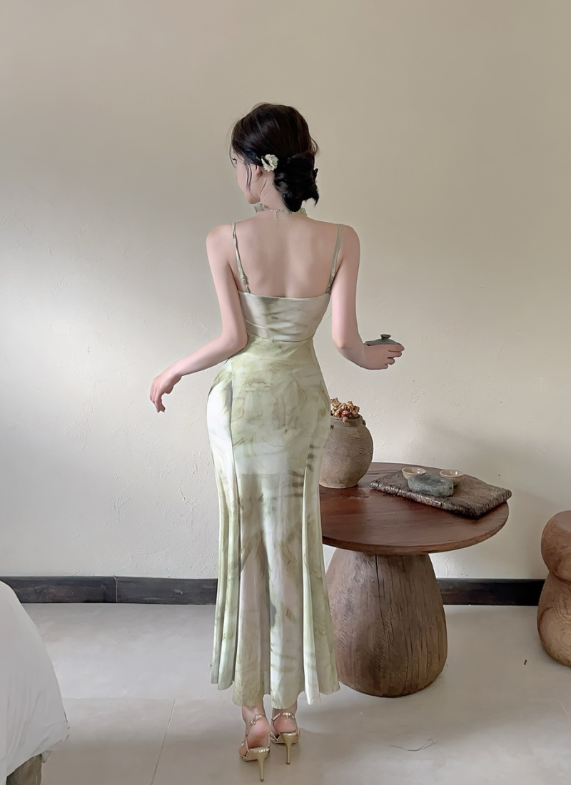 Sexy sling gauze long printing bottoming dress