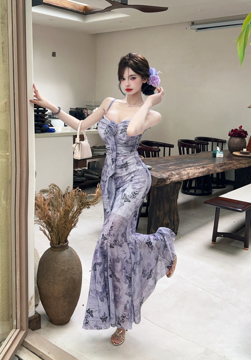 Sexy sling gauze long printing bottoming dress