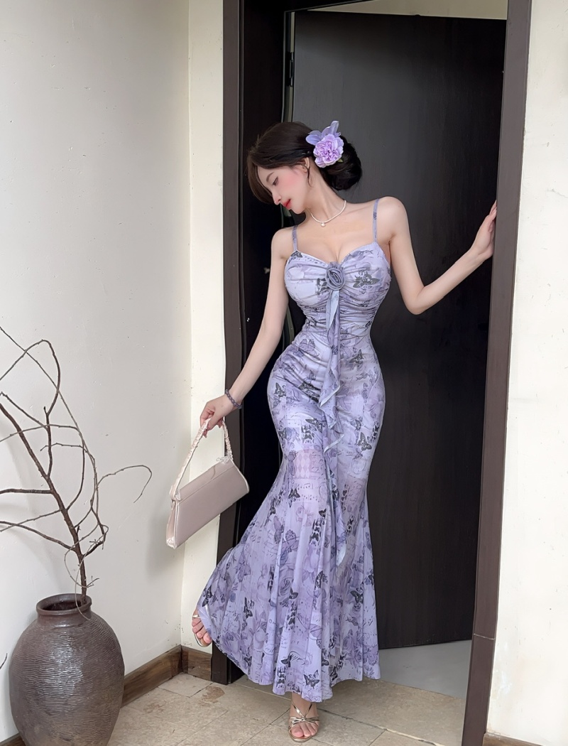 Sexy sling gauze long printing bottoming dress