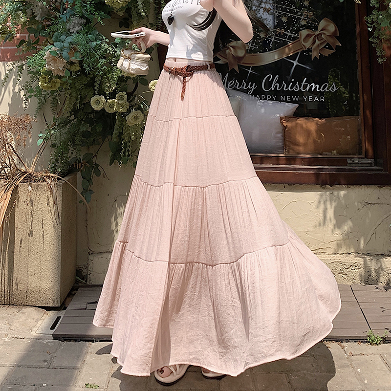 A-line cake belt cotton linen summer skirt for women