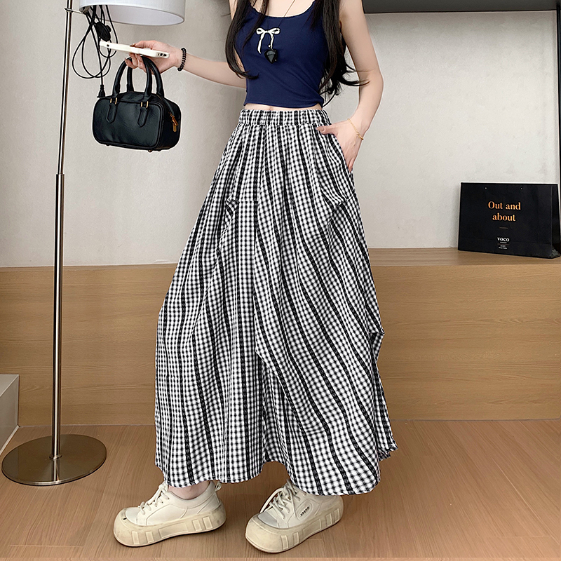 Slim high waist long skirt irregular plaid skirt