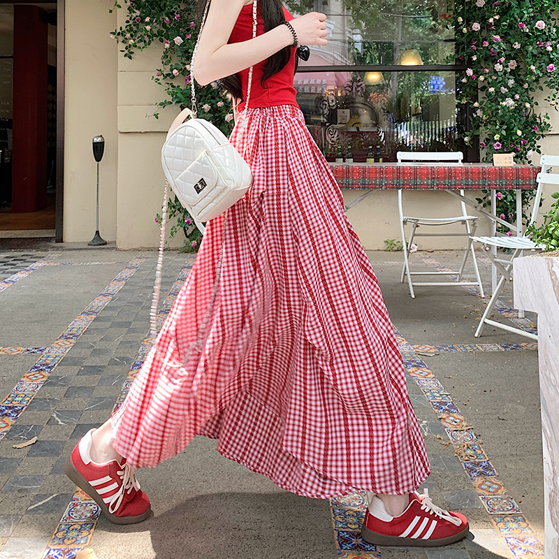 Slim high waist long skirt irregular plaid skirt
