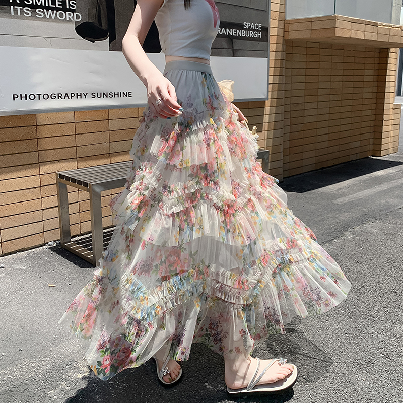 Korean style big skirt gauze thick and disorderly flowers skirt