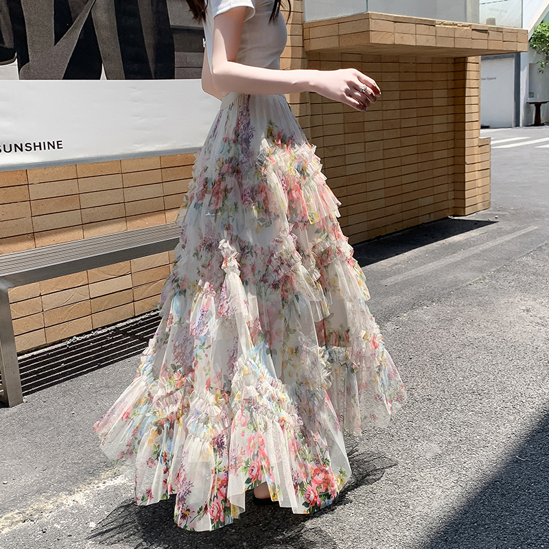 Korean style big skirt gauze thick and disorderly flowers skirt
