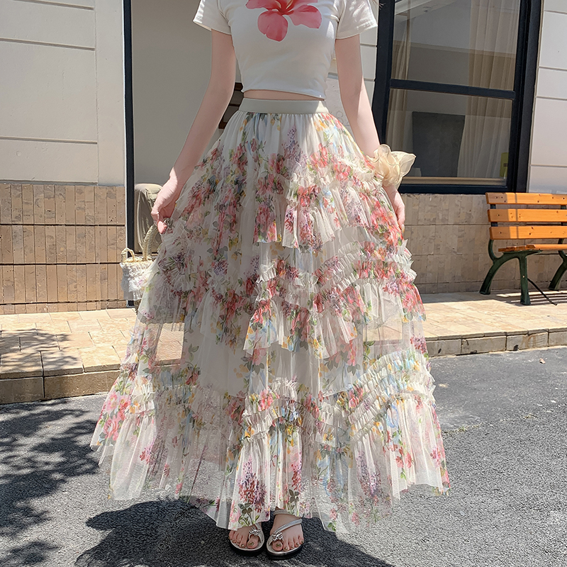 Korean style big skirt gauze thick and disorderly flowers skirt