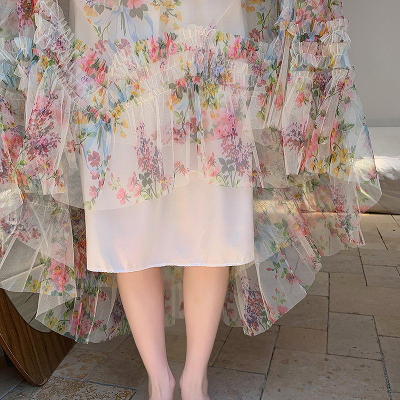 Korean style big skirt gauze thick and disorderly flowers skirt