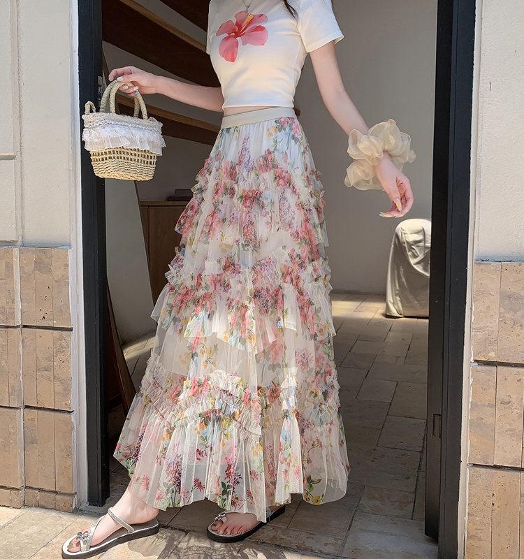 Korean style big skirt gauze thick and disorderly flowers skirt