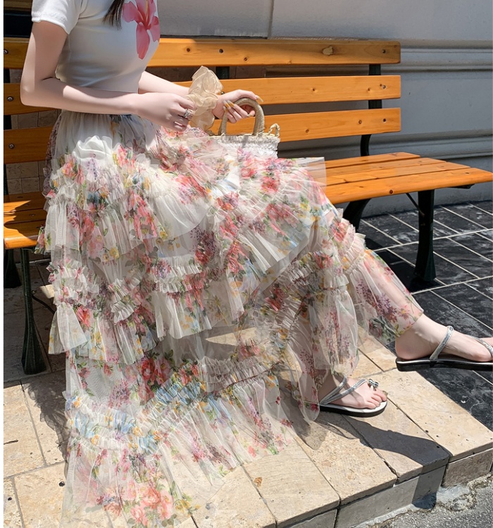 Korean style big skirt gauze thick and disorderly flowers skirt