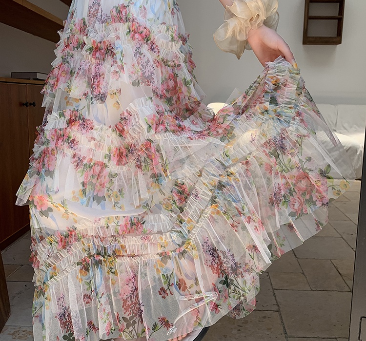 Korean style big skirt gauze thick and disorderly flowers skirt