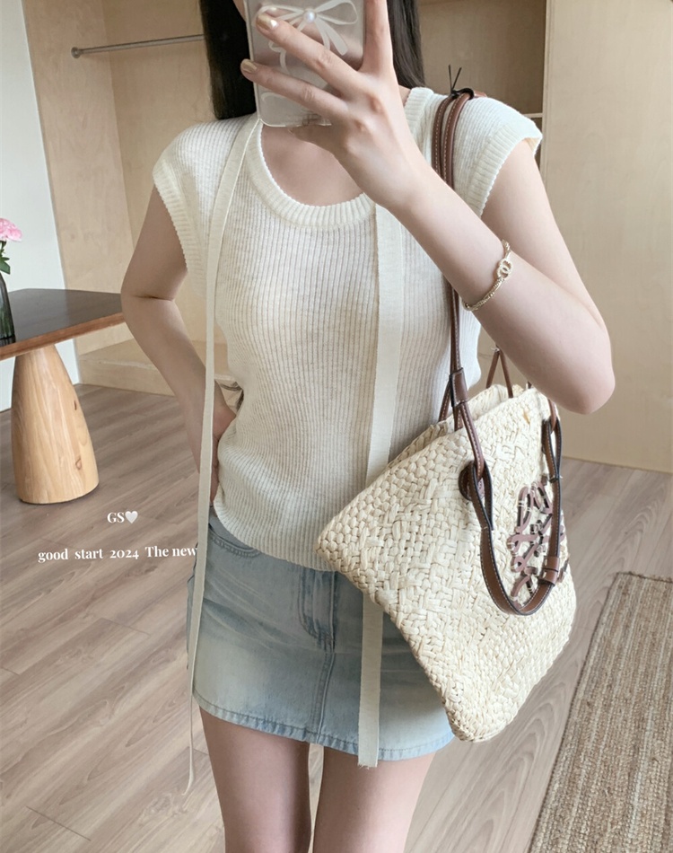 Korean style U-neck simple sweater ice silk all-match tops