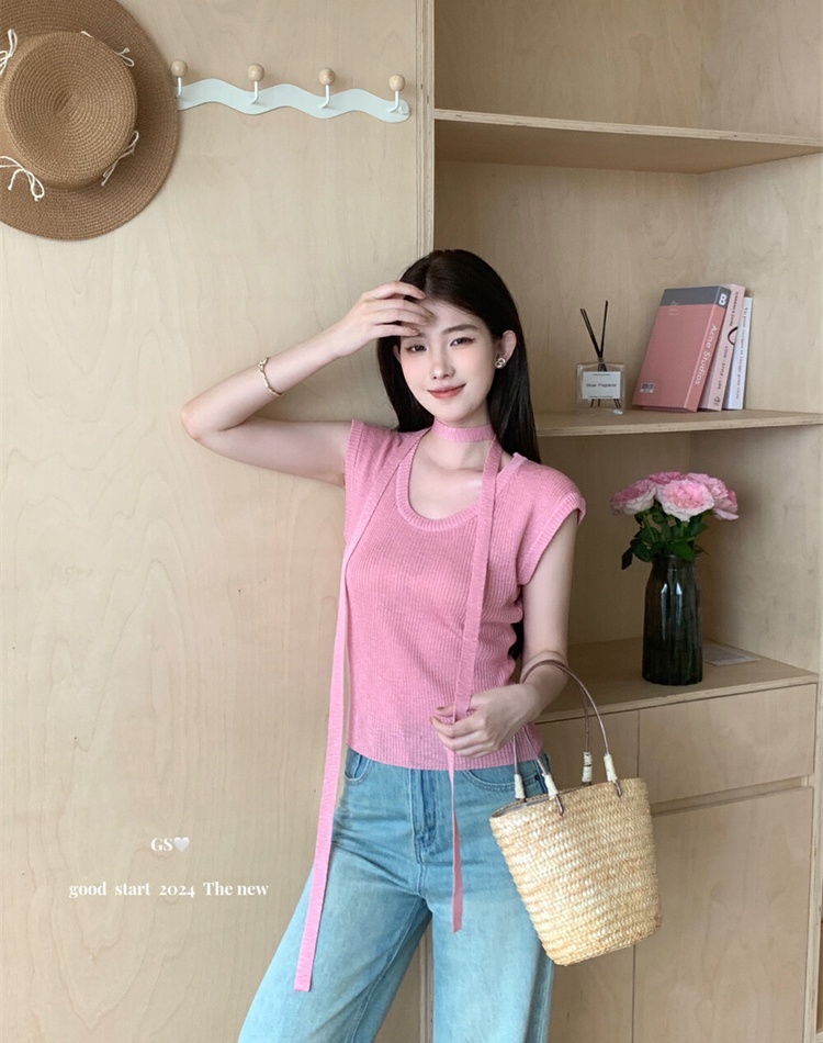 Korean style U-neck simple sweater ice silk all-match tops