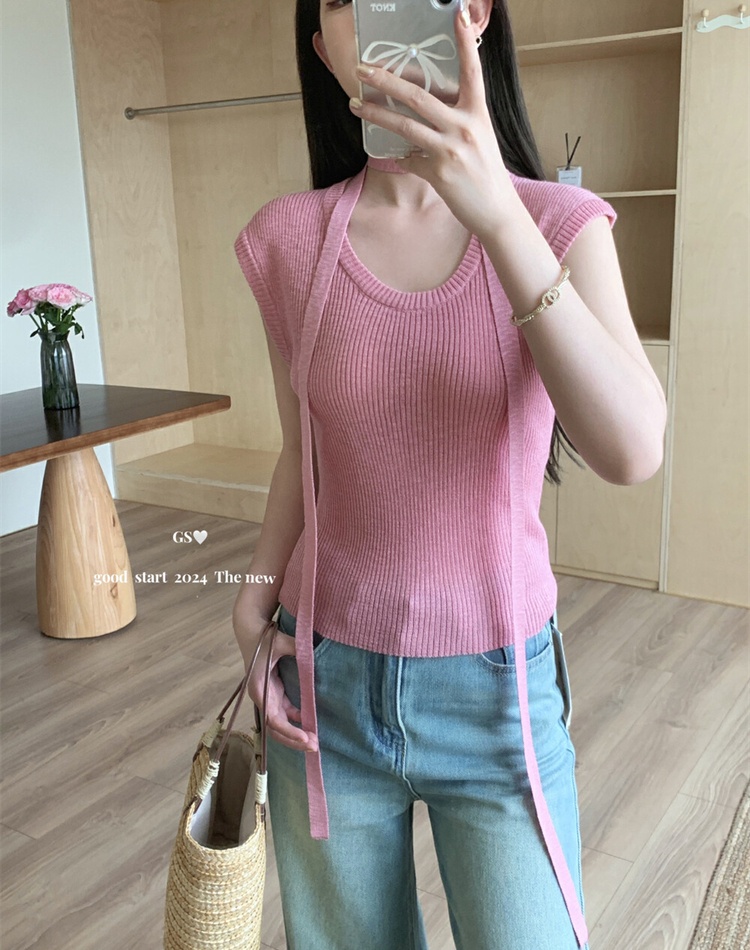 Korean style U-neck simple sweater ice silk all-match tops