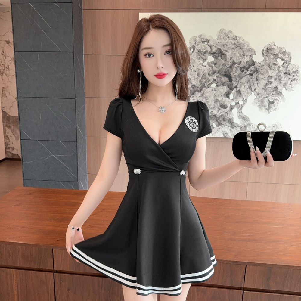 Bottoming low-cut short dress V-neck sexy Woolen dress