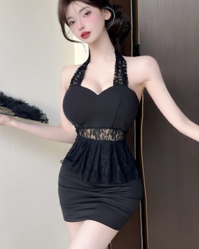 Pseudo-two splice lace bottoming sexy short sling dress