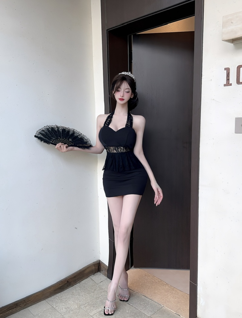 Pseudo-two splice lace bottoming sexy short sling dress