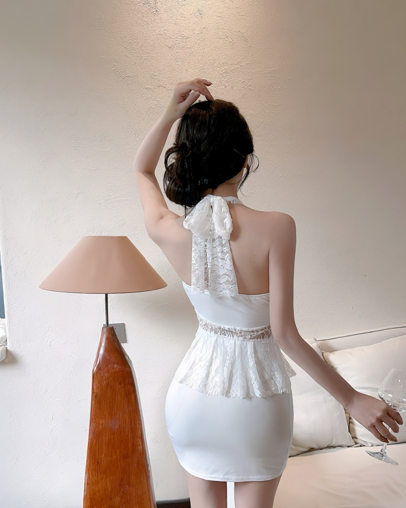 Pseudo-two splice lace bottoming sexy short sling dress