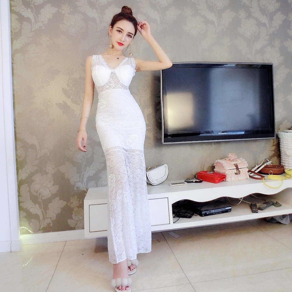 Nightclub long perspective sling sexy low-cut lace dress