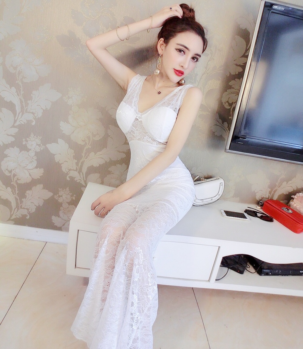 Nightclub long perspective sling sexy low-cut lace dress
