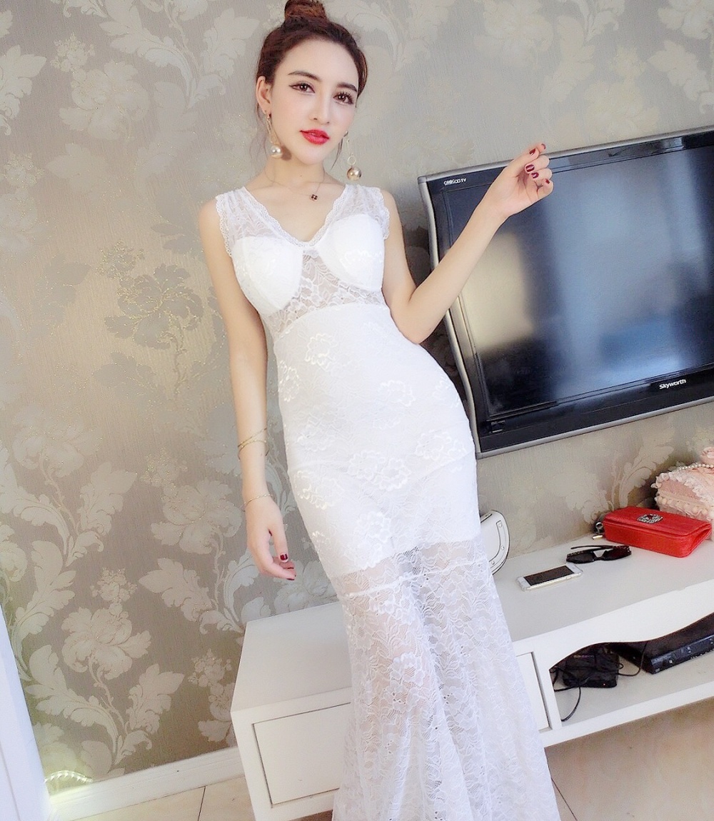 Nightclub long perspective sling sexy low-cut lace dress