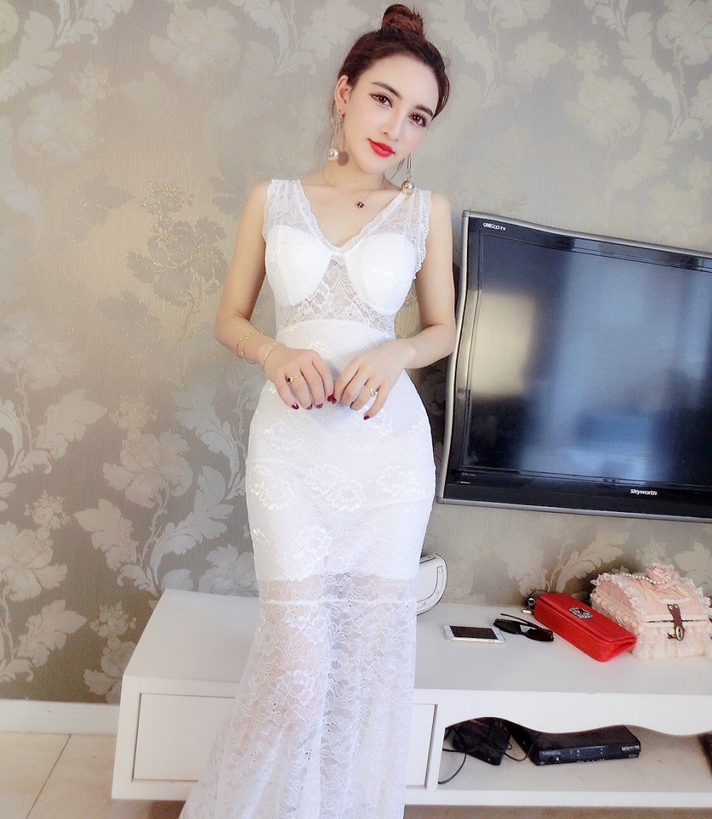 Nightclub long perspective sling sexy low-cut lace dress