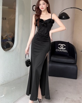 Long sexy lotus leaf edges dress low-cut sling formal dress