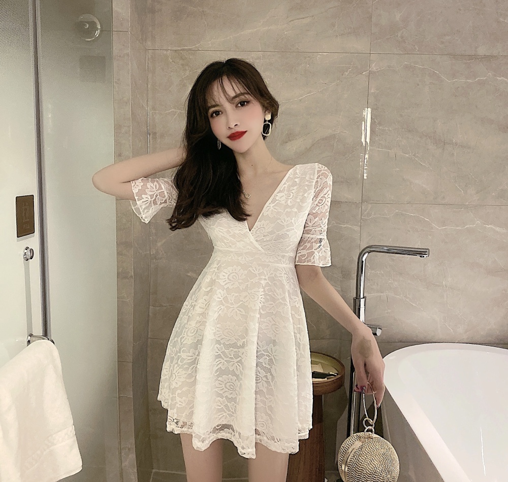 Sexy lace hollow slim short V-neck dress