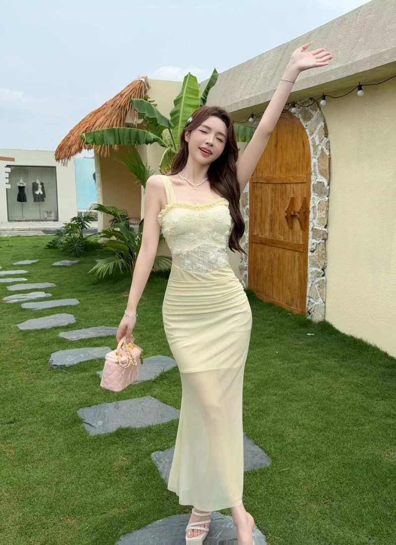Sling sexy bottoming long lace dress