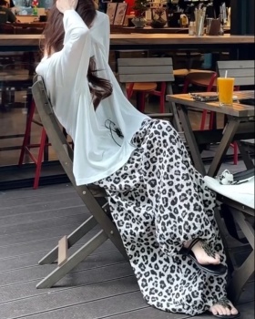 High waist all-match tops leopard long pants a set