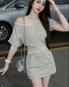 Pinched waist galaxy short skirt lace tops 2pcs set