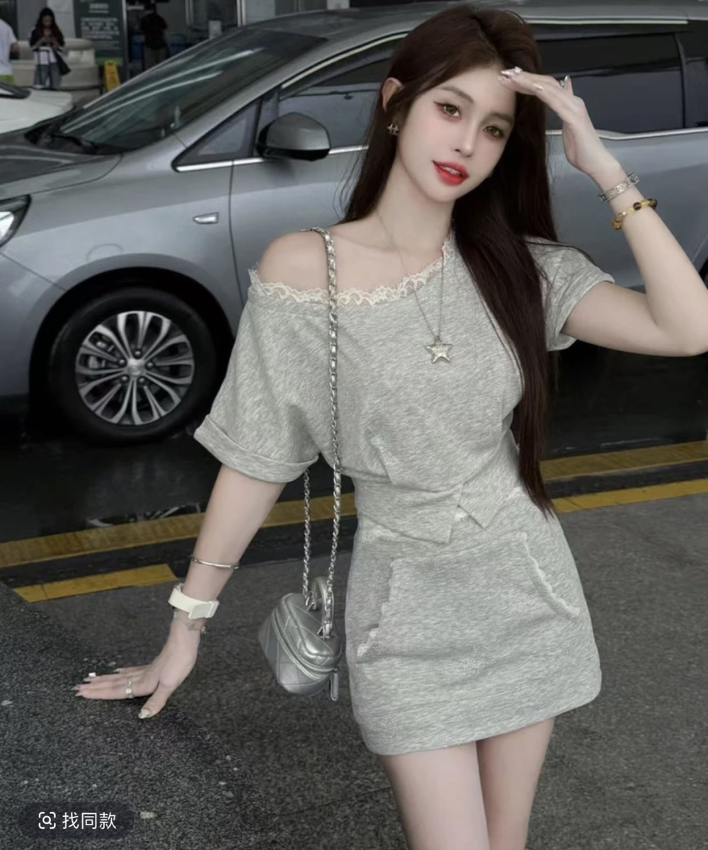 Pinched waist galaxy short skirt lace tops 2pcs set