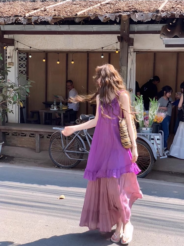 Cool cotton linen tops sling long skirt a set