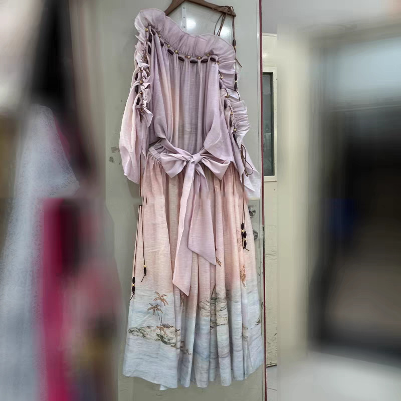 Drawstring sandy beach long silk linen ladies dress