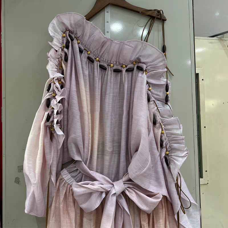 Drawstring sandy beach long silk linen ladies dress