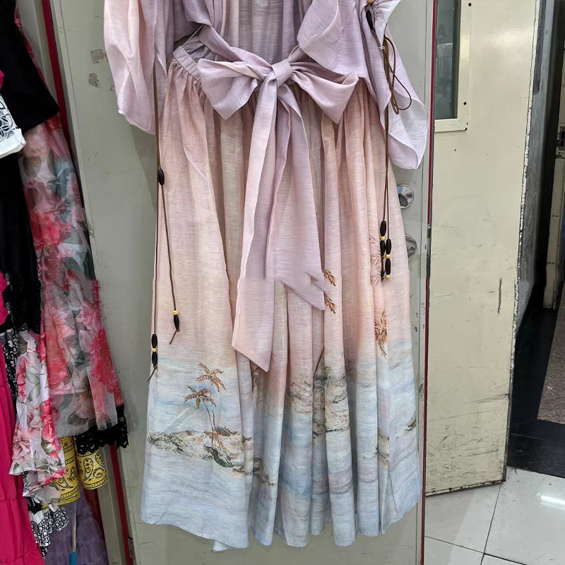 Drawstring sandy beach long silk linen ladies dress