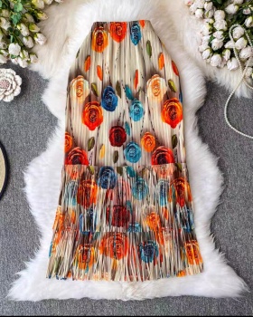 Summer printing tassels skirt fold crimp long skirt for women