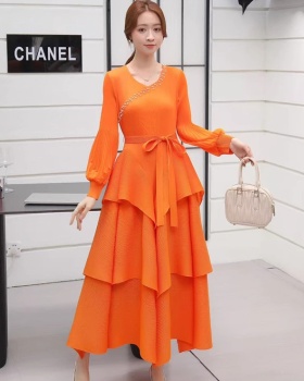 Trumpet sleeves high waist fold beading temperament slim dress