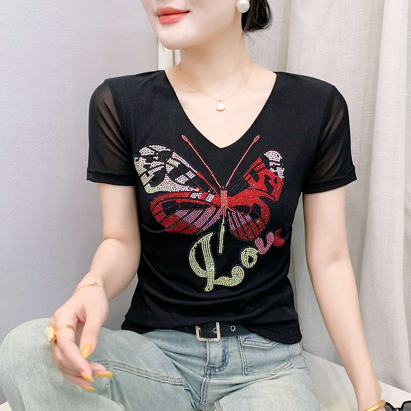 Short sleeve V-neck butterfly fashion fold summer tops