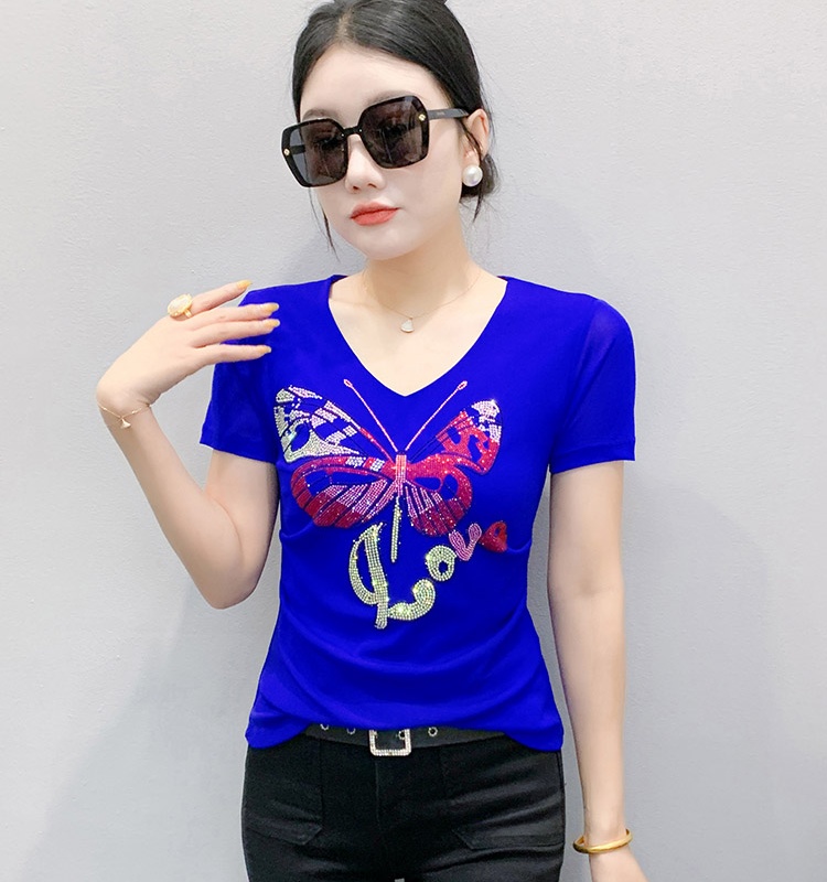 Short sleeve V-neck butterfly fashion fold summer tops