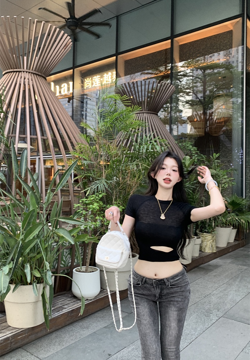 Slim round neck spicegirl T-shirt short holes tops for women