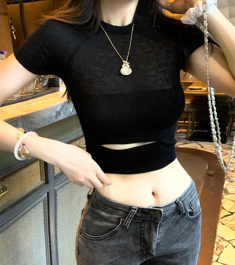 Slim round neck spicegirl T-shirt short holes tops for women