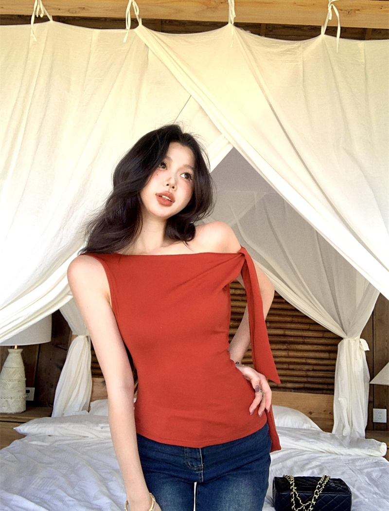 Fold sleeveless red vest irregular summer tops for women
