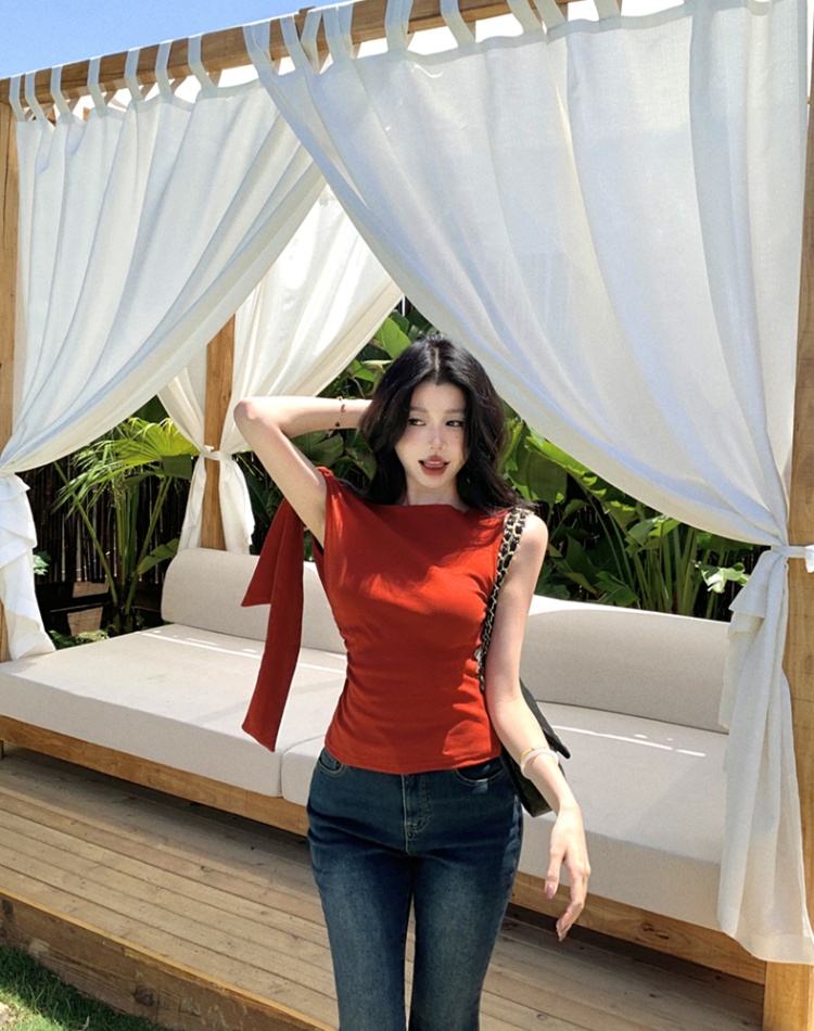 Fold sleeveless red vest irregular summer tops for women