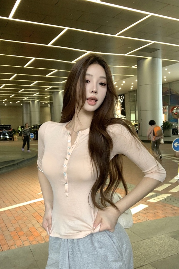 Buckle summer T-shirt short sleeve slim tops
