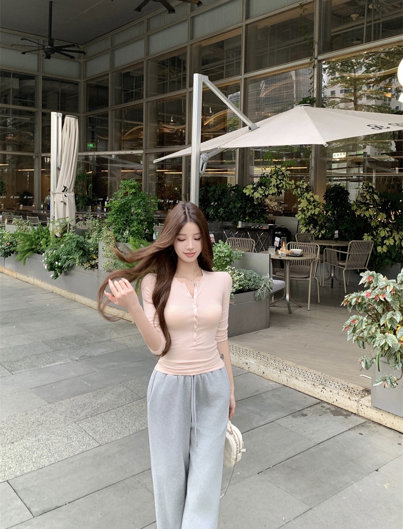 Buckle summer T-shirt short sleeve slim tops