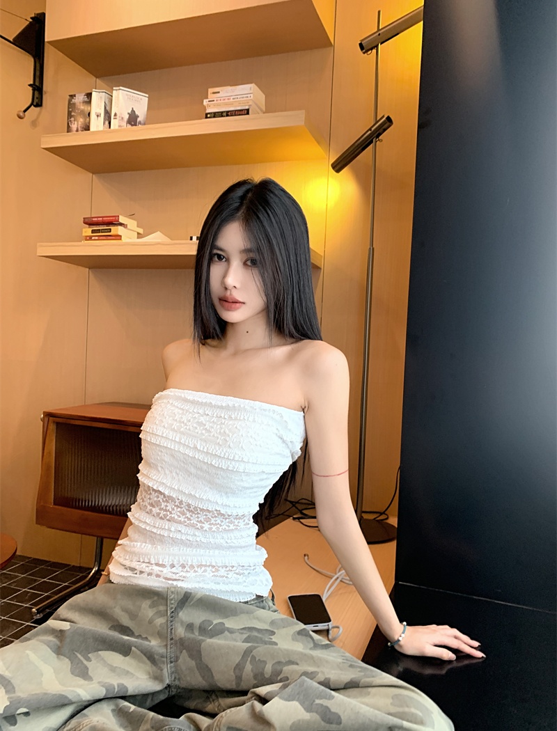 Summer white lace jacquard wrapped chest France style tops
