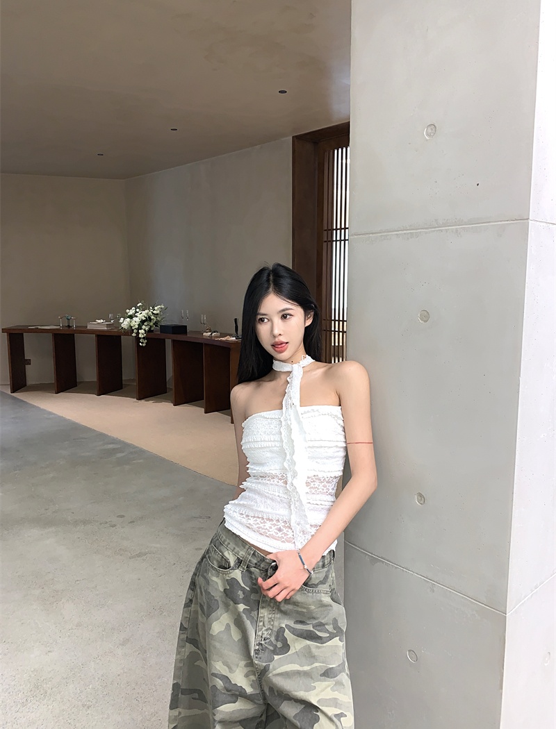 Summer white lace jacquard wrapped chest France style tops