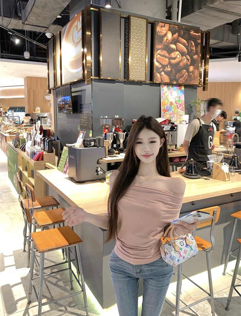 Wear summer tops slim sloping shoulder T-shirt for women