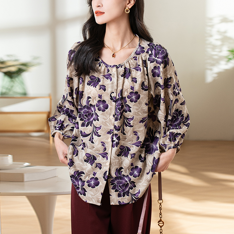 Art large yard round neck summer shirt for women