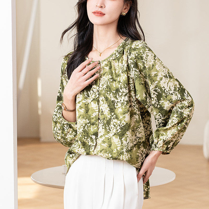 Floral printing chiffon shirt slim long sleeve small shirt