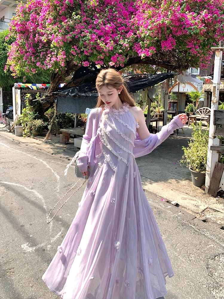 Stereoscopic colors halter temperament tender dress